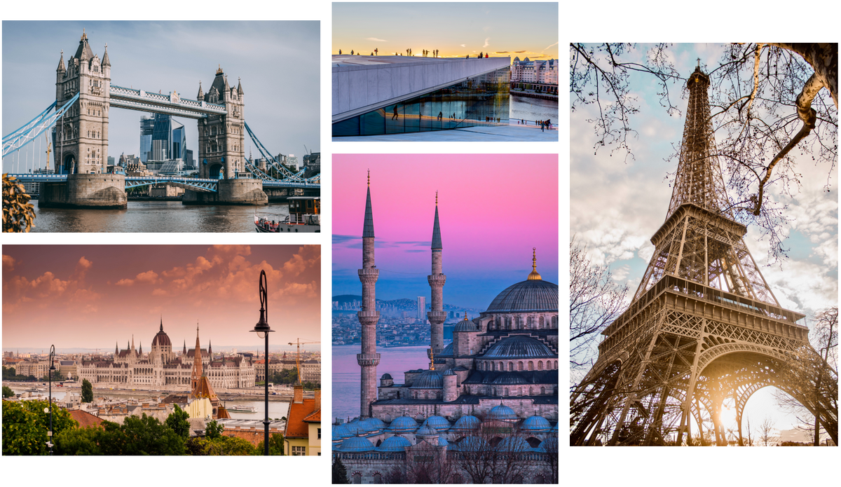 A photo collage of London, Budapest, Oslo, Istanbul and Paris